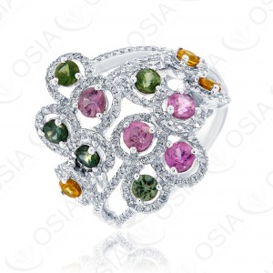 18 KARAT DIAMOND AND GEMSTONE RING